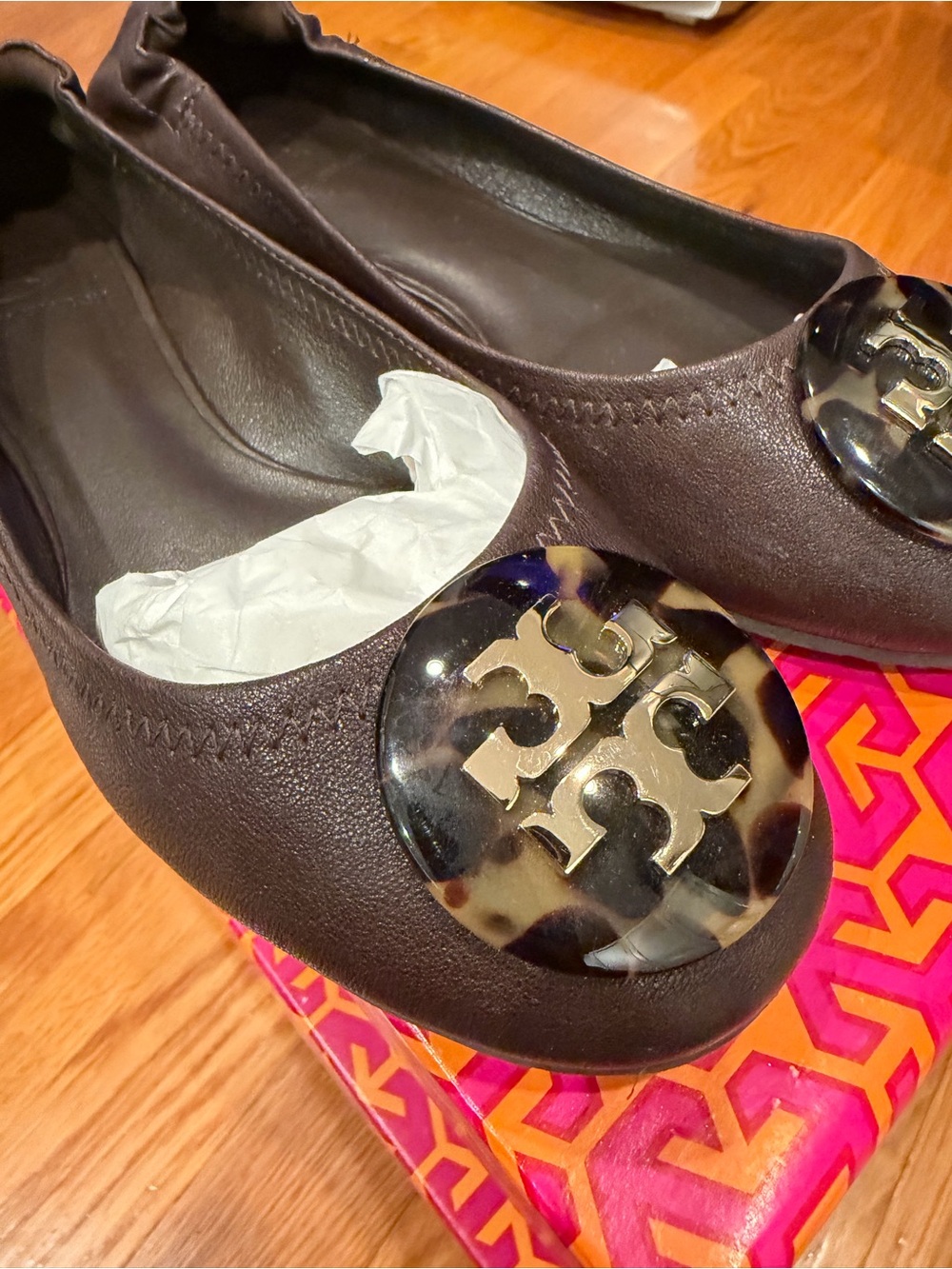 Tory Burch Dark Brown Reva Flats with Tortoiseshell Logo - Picture 5 of 9